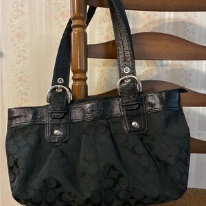 Coach Black Signature Shoulder Bag with Leather Trim